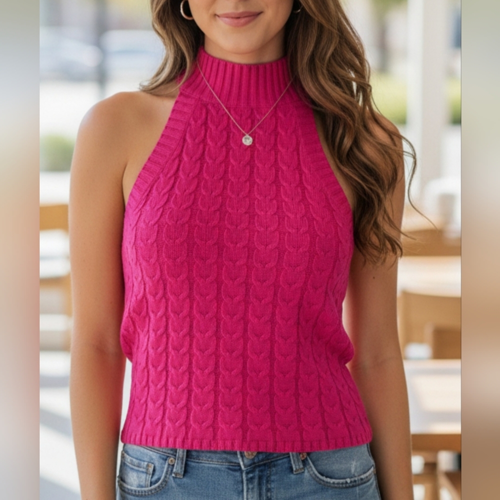 Black Label Cable Knit Halter Tank Top - Fuchsia